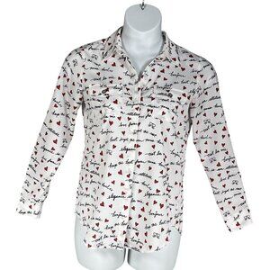 Karl Lagerfeld Paris XS White Blouse Red Heart Script Button Up Roll Tab Sleeve